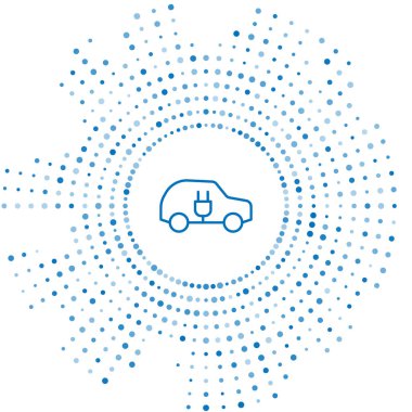Mavi hat elektrikli araba ve elektrik kablosu şarj ikonu beyaz arka planda izole edildi. Yenilenebilir ekolojik teknolojiler. Soyut çember rastgele noktalar. Vektör
