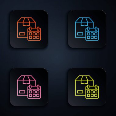 Renkli neon çizgili karton kutu ve hızlı dağıtım simgesi siyah arkaplanda izole edildi. Kutu, paket, paket işareti. Teslimat ve ambalaj. Kare düğmelere simgeleri yerleştir. Vektör
