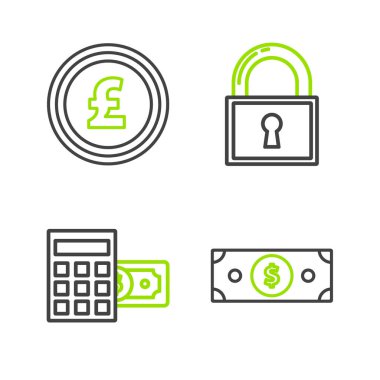 Hat Stacks kağıt para, dolar sembollü hesap makinesi Lock and Coin Sterling ikonu. Vektör