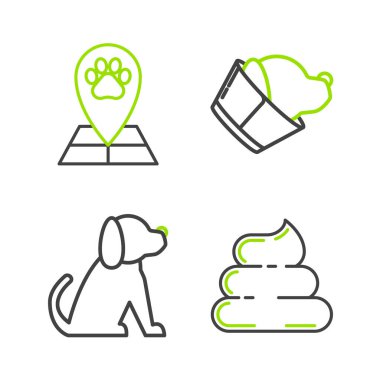 Set line Shit, Dog, Veterinary clinic symbol and Map pointer with veterinary medicine hospital icon. Vector