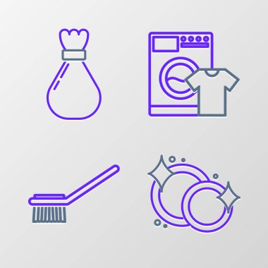 Bulaşık yıkama, tuvalet fırçası, çamaşır makinesi, tişört ve çöp poşeti ikonu. Vektör