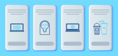 Set hattı Komik ve korkunç hayalet maskesi, çevrimiçi oyun videosu, HD teknolojili dizüstü bilgisayar ekranı ve patlamış mısır soda cam ikonu. Vektör