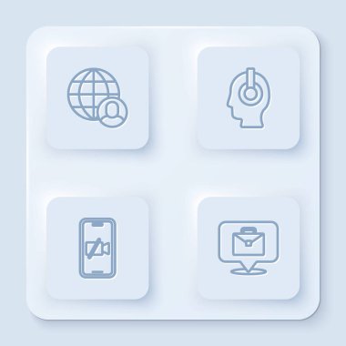 Freelancer hattını ayarla, video kamera kapalı ve çevrimiçi çalışıyor. Beyaz kare düğme. Vektör