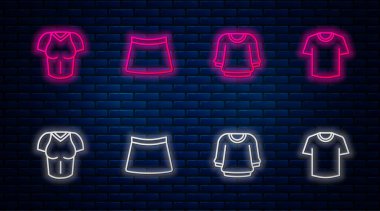 Çizgili etek, kazak, tişört ve tişört. Tuğla duvarda parlayan neon simgesi. Vektör