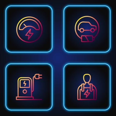 Otomobil tamircisi, elektrikli araba şarj istasyonu, voltmetre ve... Renk simgeleri. Vektör