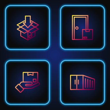 Hat konteynırı, kutulu teslimat eli, karton karton ve ev teslimat hizmetleri. Renk simgeleri. Vektör