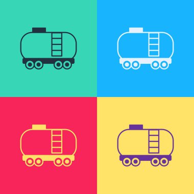 Pop art Oil railway cistern icon isolated on color background. Train oil tank on railway car. Rail freight. Oil industry.  Vector