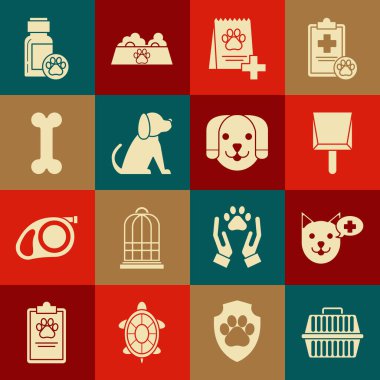Hayvan taşıma çantası, veteriner kliniği sembolü, faraş, köpek, köpek, kemik, ilaç şişesi ve ikon için yiyecek çantası. Vektör