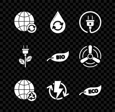 Gezegen toprağı ve geri dönüşüm, temiz su geri dönüşümü, elektrik prizi, şarj etme, Yaprak Çevre sembolü, yaprak ve biyoloji simgesi. Vektör