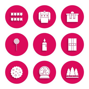 Mum yakma, Noel kar küresi, ağaçlar, hediye kutusu, çikolatalı kurabiye ya da bisküvi, lolipop ve karnaval çelengi ikonu. Vektör