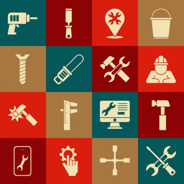 Tornavida ve anahtarı ayarla, Hammer, Builder, Location with, Chainsaw, Metalik Vida, Elektrikli matkap ve simge. Vektör