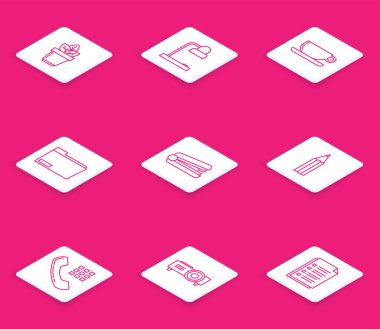 Çaydanlıktaki Çiçekler, masa lambası, kahve fincanı dairesi, evrak klasörü, ofis zımbası, kalem, telefon ahizesi ve sunum, film, film, medya projektörü ikonu. Vektör