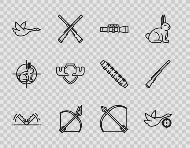 Set line Trap hunting, Hunt on duck with crosshairs, Sniper optical sight, Bow and fire arrow, Flying, Moose horns shield, quiver and Hunting gun icon. Vector clipart