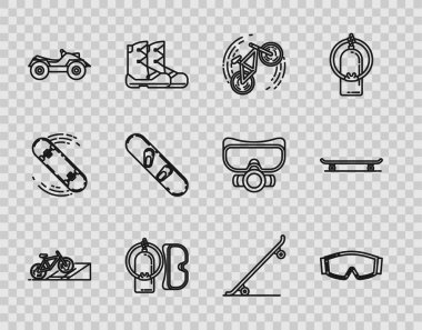 Rampada bisiklet, kayak gözlükleri, hile, dalış maskesi ve su alung, tüm arazi araçları ya da ATV motosikleti, Snowboard, kaykay ve ikon. Vektör