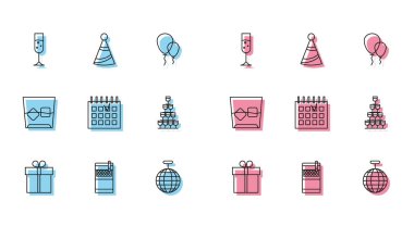 Hediye paketi, açık sigara paketi, bir kadeh şampanya, disko topu, detaylı takvim, piramit kulesine istiflenmiş şarap bardakları, viski ve buz küpleri ve parti şapkası ikonu. Vektör