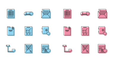Yargıç tokmağı kalkanla sil, dosya belgelerini sil, rapor, alışveriş binası, doküman grafik şeması, kasa, kişisel klasör ve teslimat kamyonu simgesini ayarla. Vektör