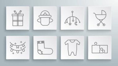 Bayraklı karnaval çelengi, bebek şişesi, çorap giysileri, yapboz parçası, beşikte asılı oyuncaklar bebek arabası ve hediye kutusu ikonu. Vektör