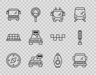 Pusula, araba, Trolleybus, taksi, otobüs, uzaktan kumandalı anahtar ve trafik ışığı ikonu. Vektör