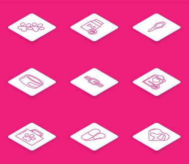 Paw baskısı, evcil hayvan için yiyecek çantası, evcil hayvan şişesi tıbbi, konserve, yaka etiketli yaka, pano klinik kaydı, ilk yardım çantası ve köpek ve hap ikonu. Vektör