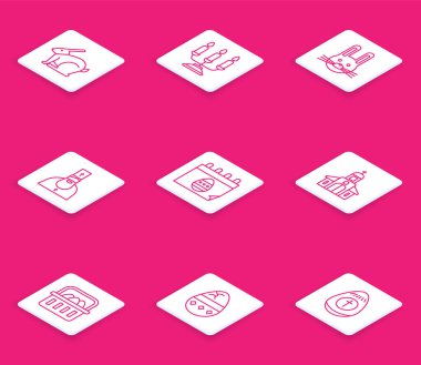 Paskalya tavşanı, şamdanlı şamdan, rahip, takvim yumurtası kilise binası, sepet paskalya yumurtası ve kırık ikon. Vektör