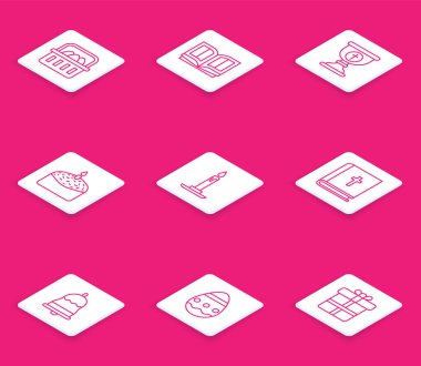 Paskalya yumurtalı Basket, kutsal İncil kitabı, Hıristiyan kadehi, Paskalya pastası ve mumu, şamdanda yanma, zil ve ikon. Vektör