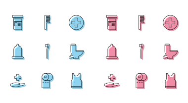 Cross hastanesi sağlık, tuvalet kağıdı rulosu, ilaç şişesi, kolsuz tişört, diş fırçası, kase, prezervatif ve saç fırçası ikonu. Vektör
