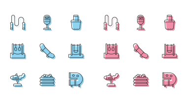 Çizgi Swing uçağı, topları olan havuz, atlama ipi, çocuk parkı kaydırak borusu, kaykay numarası, jimnastik yüzükleri ve çöp kutusu ikonu. Vektör