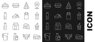 Peynir, milkshake, bebek sütü, tereyağı tabağı, yoğurt ve ikon için konserve kutusu. Vektör