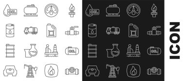 Metalik borular ve valf, yağ deposu, motor yakıtı göstergesi, tanker kamyonu, varil yağı, damla ve motor ikonu için teneke kutu ayarlayın. Vektör