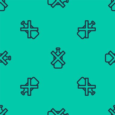 Mavi hat. Alkol ikonu yok. Yeşil arka planda kusursuz desen var. Alkol içmeyi yasaklıyorum. Bira şişesi camlı yasak sembol. Vektör.