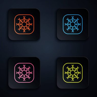 Renkli neon çizgisi Kar Tanesi simgesi siyah arkaplanda izole edildi. Mutlu Noeller ve mutlu yıllar. Kare düğmelere simgeleri yerleştir. Vektör.