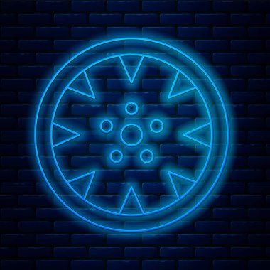 Duvarın arka planında izole edilmiş bir araba ikonu için parlayan neon hat alloy tekerleği. Vektör.