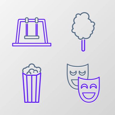 Çizgi roman komedi maskeleri, karton kutuda patlamış mısır, pamuk şeker ve salıncak ikonu. Vektör