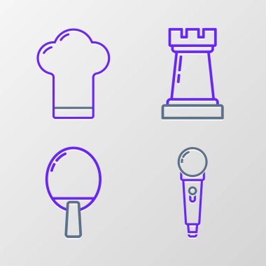 Mikrofon hattı, masa tenisi oynamak için raket, satranç sembolü ve şef şapkası ikonu. Vektör