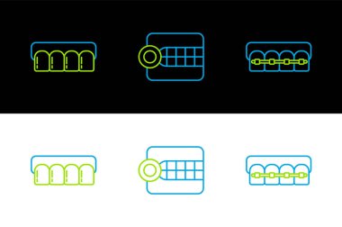 Diş teli, takma diş modeli ve simgesi olan çizgi dişleri ayarlayın. Vektör