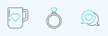 Heart 'ı konuşma balonunda, kahve bardağında, kalpte ve alyans ikonunda ayarla. Vektör
