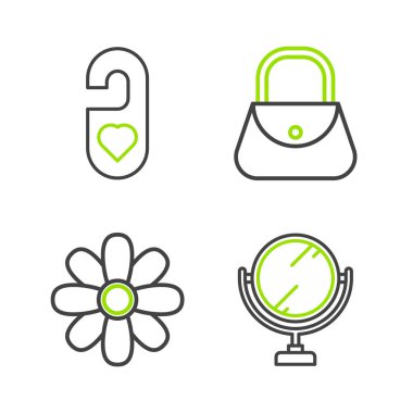 Çizgiyi yuvarlak makyaj aynası, çiçek, el çantası ve lütfen kalp ikonu ile rahatsız etmeyin. Vektör