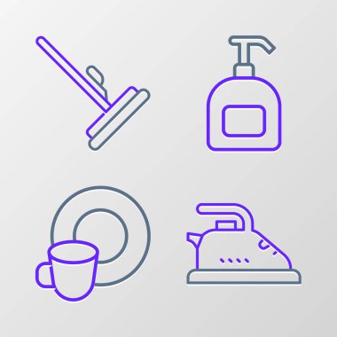 Elektrik hattı, bulaşık yıkama, bir şişe sıvı sabun ve paspas ikonu. Vektör