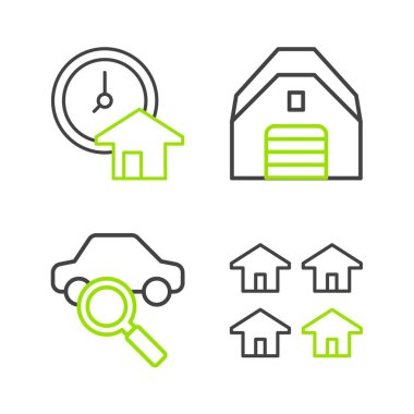 Set hattı, emlak, araba paylaşımı, garaj ve zaman para ikonu. Vektör