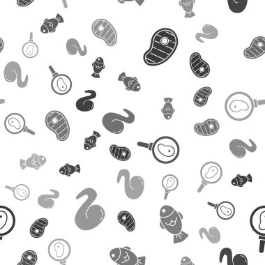 Biftek, balık, kızartma tavasında biftek ve pürüzsüz bir şekilde kızarmış tavuk kanadı. Vektör.