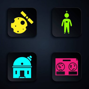 Gökyüzünün gökyüzünün göksel haritasını, Dünya 'nın yörüngesinde dönen uyduları, Astronomik gözlemevini ve astronotları ayarlayın. Siyah kare düğme. Vektör.