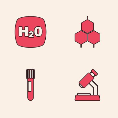 Set Microscope, Chemical formula H2O,  and Test tube icon. Vector clipart