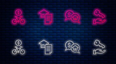Ev sözleşmesi, fiyat pazarlığı, bisiklet kiralama mobil uygulaması ve anahtarı ayarla. Tuğla duvarda parlayan neon simgesi. Vektör