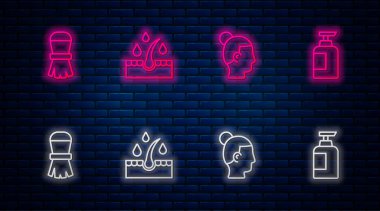 Saç bakımı, saç stili, tıraş fırçası ve bir şişe şampuan için sıra yağını ayarlayın. Tuğla duvarda parlayan neon simgesi. Vektör