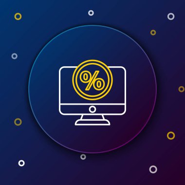 Satır yüzde indirimi ve mavi arkaplanda izole simge izleme. Satış yüzdesi - fiyat etiketi, etiket. Renkli taslak konsepti. Vektör.