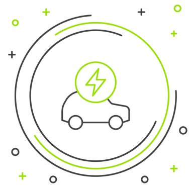 Elektrik hattı arabası ve elektrik kablosu şarj ikonu beyaz arka planda izole edildi. Yenilenebilir ekolojik teknolojiler. Renkli taslak konsepti. Vektör.