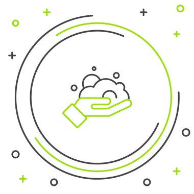 Beyaz arka planda el simgesinde çizgi traş jeli köpüğü izole edilmiş. Tıraş köpüğü. Renkli taslak konsepti. Vektör.