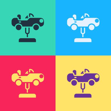 Oyun alanı simgesindeki Pop Art Swing arabası renk arkaplanında izole edilmiş. Çocuklardan oluşan atlı karınca. Eğlence ikonu. Vektör.