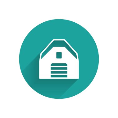 Beyaz Garaj simgesi uzun gölge arkaplanı ile izole edildi. Yeşil daire düğmesi. Vektör.