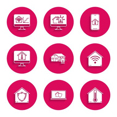 Akıllı Ev 'i ve ev sıcaklığında dizüstü bilgisayarı ev-kurgu bilgisayar monitörlü cep telefonu ve akıllı simgeyle kurun. Vektör.